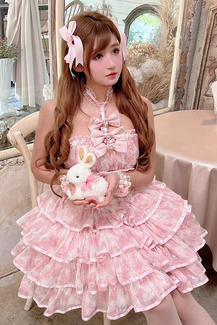Pink [Broken Silver Rose] Halterneck Sleeveless Multi-Layered Ruffle Bowknot Sweet Princess Lolita Tiered Dress - Product - 5