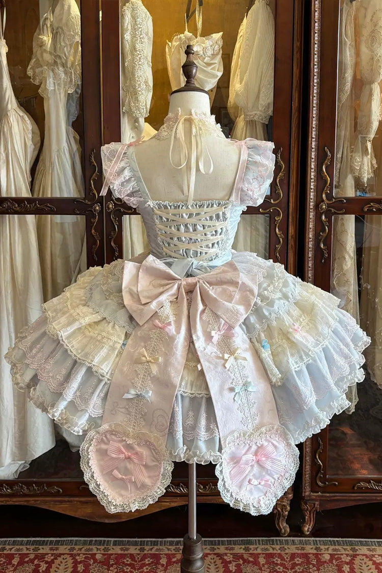 Bkue/Pink [Cloudwhale Dreamweaver] Square Collar Multi-Layered Ruffled Bow Lace Sweet Lolita Jsk Dress - Product - 2