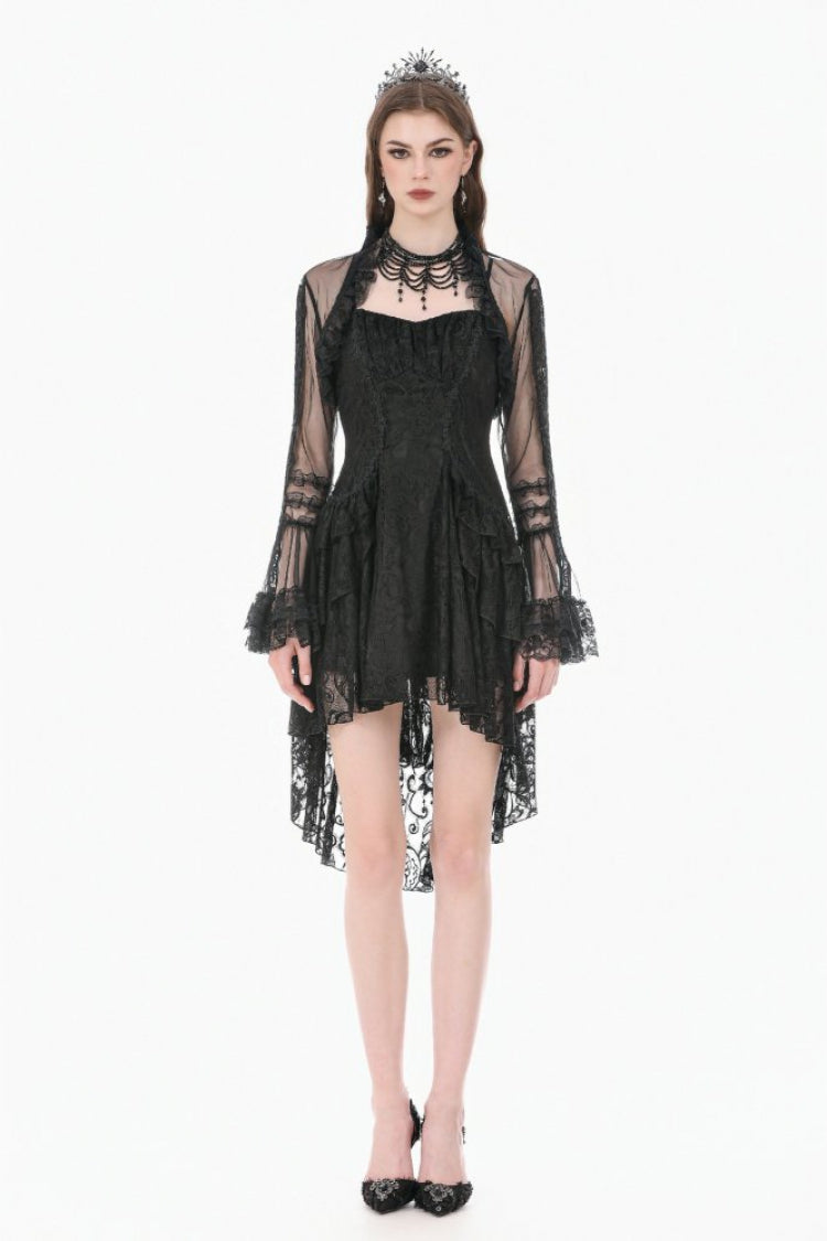 Black Lace Ruffled High Collar Long Flare Sleeves Sheer Mesh Women's Gothic Cape - Product - 7