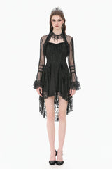 Black Lace Ruffled High Collar Long Flare Sleeves Sheer Mesh Women's Gothic Cape - Product - 7