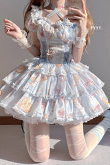 Blue Short Sleeves Multi-layer Cookie Bunny Print Bowknot Sweet Lolita Dress - Product - 5