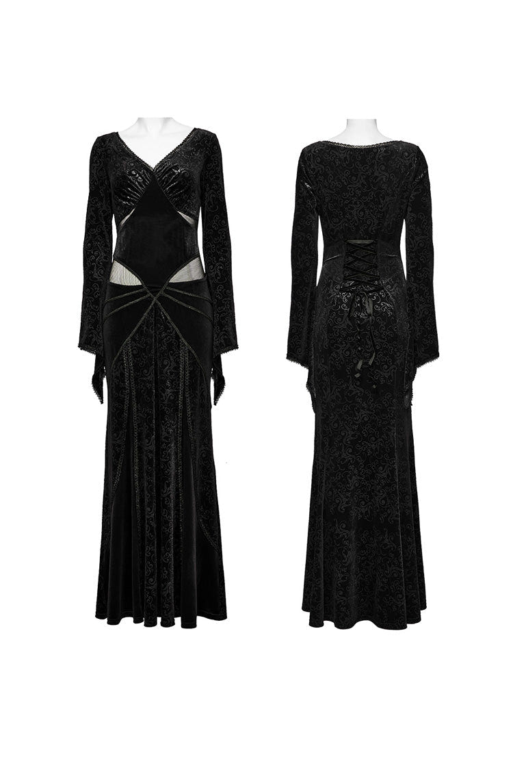 Black V Collar Long Sleeves Hollow Embroidery Lace-Up Women's Gothic Dress - Product - 5