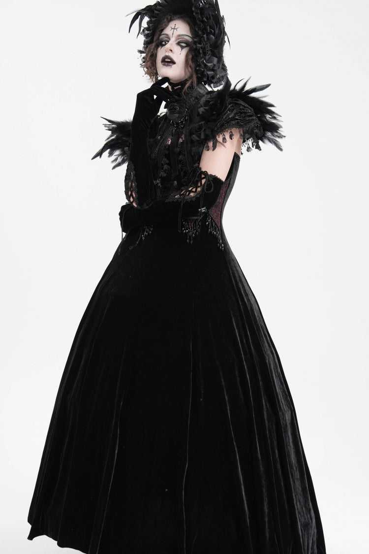 Black Stand Collar Lace Pleated Women's Gothic Tassels Feather Lace Cape - Product - 6