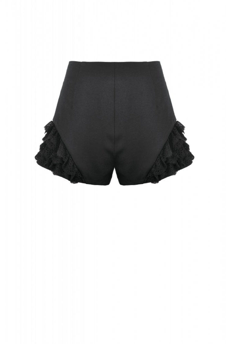 Black High Waisted Ruffled Lace Patchwork Buckled Straps Cross Zippered Women's Punk Shorts - Product - 15