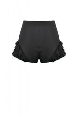 Black High Waisted Ruffled Lace Patchwork Buckled Straps Cross Zippered Women's Punk Shorts - Product - 15
