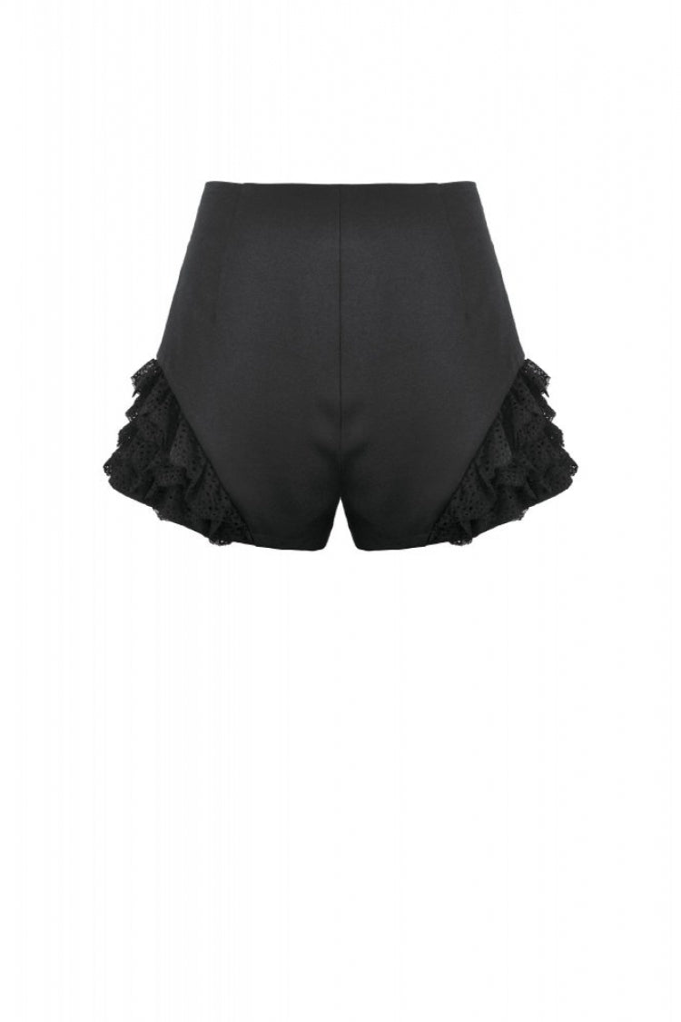 Black High Waisted Ruffled Lace Patchwork Buckled Straps Cross Zippered Women's Punk Shorts - Product - 15