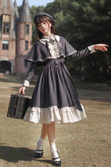 Dark Blue [Berlin Evening News] Long Sleeves Striped Print Ruffle Bowknot British College Style Elegant Sweet Lolita Dress - Dark-Blue - 1