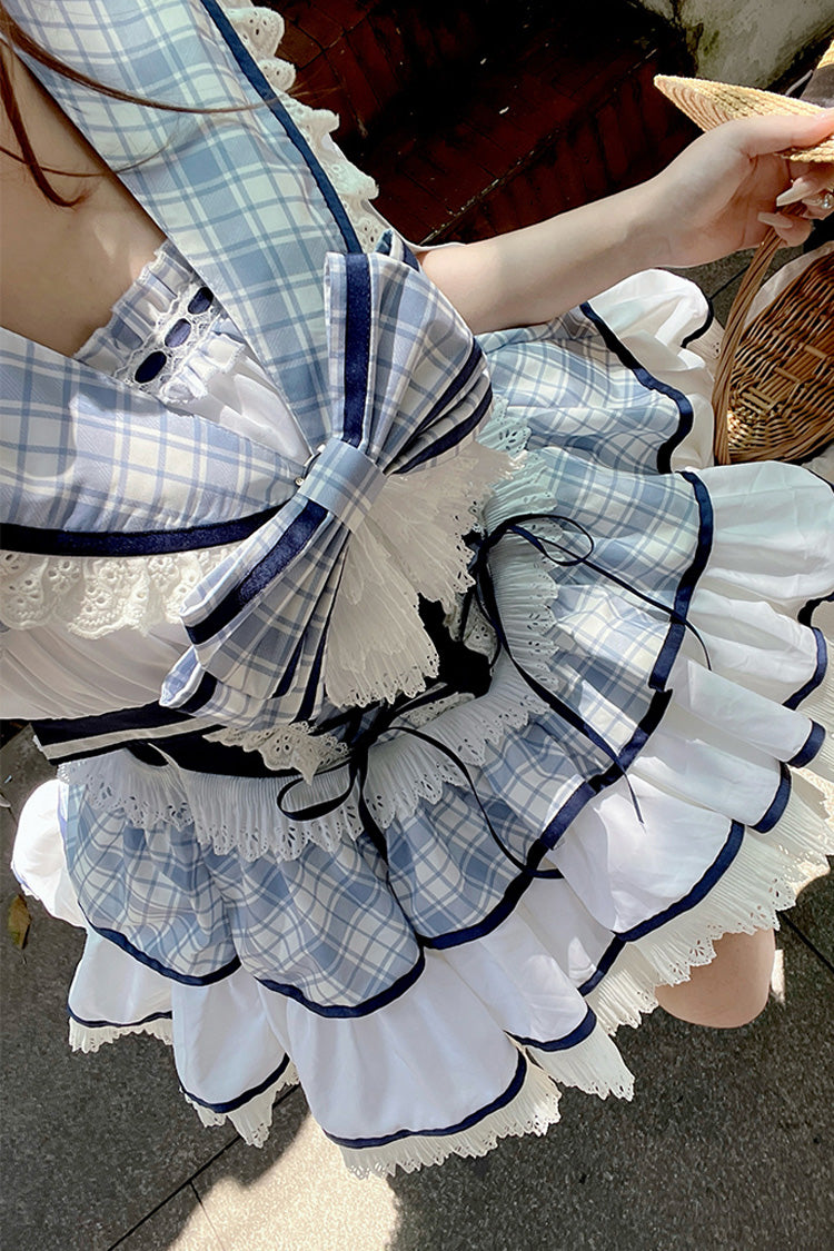 Blue/White [Sailing Love] Navy Collar Sleeveless Plaid Print Ruffle Bowknot Sweet Lolita Dress - Product - 17