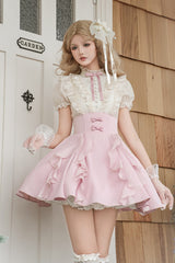 Pink/Apricot [Miss Lola] Stand Collar Short Sleeves Ruffle Bowknot Sweet Lolita Dress - Product - 3
