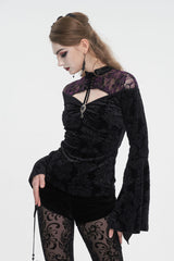 Black Cutout Flared Sleeved Floral Embossed Women's Gothic Shirt - Product - 2