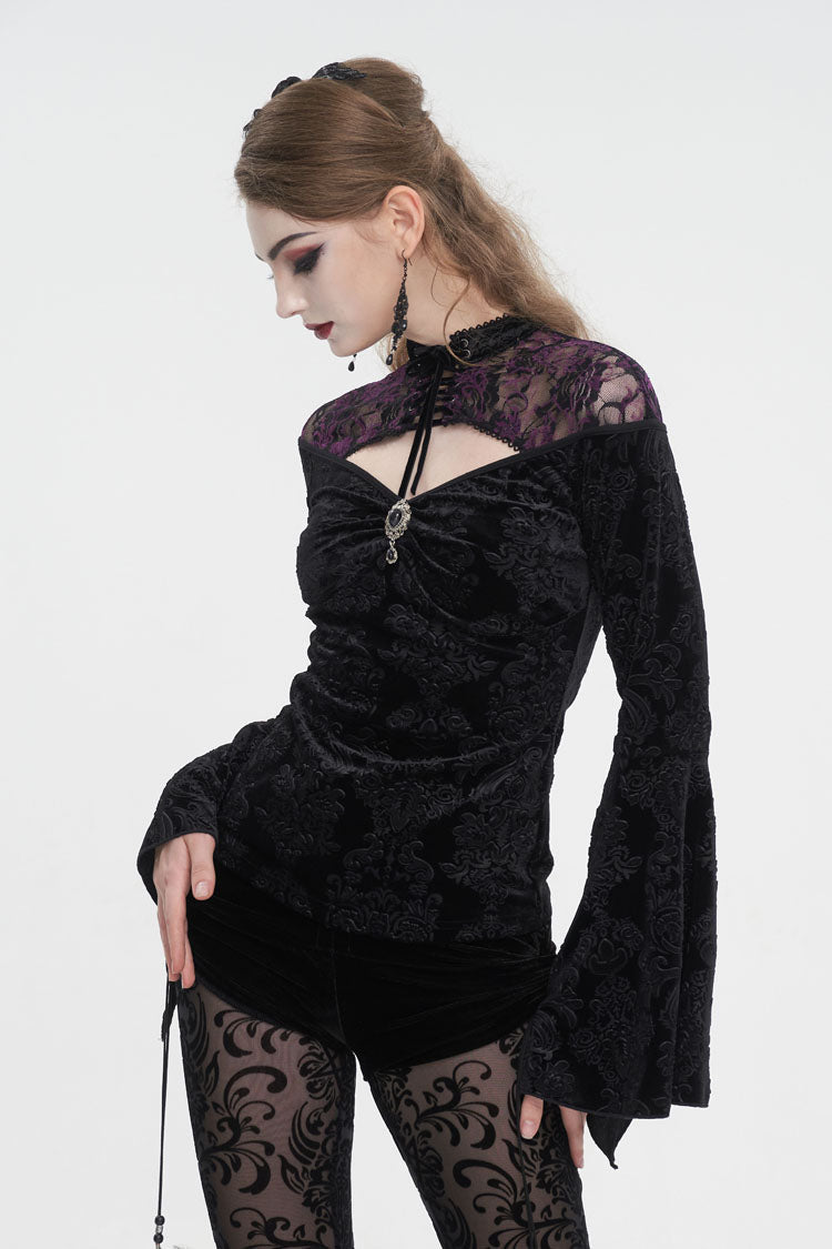 Black Cutout Flared Sleeved Floral Embossed Women's Gothic Shirt - Product - 2