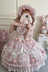 Pink [Rose Manor] Short Puff Sleeves Ruffle Bowknot Lace Sweet Japanese Princess Lolita Dress - Product - 3