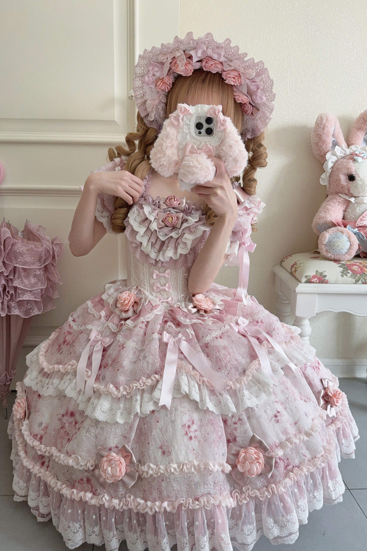 Pink [Rose Manor] Short Puff Sleeves Ruffle Bowknot Lace Sweet Japanese Princess Lolita Dress - Product - 3