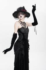 Black Sleeveless Ruffle Lace-Up Plumed Women's Gothic Long Slip Dress - Product - 11