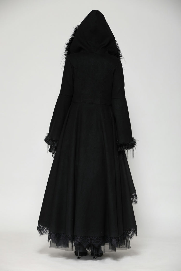 Black Long Bell Sleeves Lace Button Women's Gothic Romantic Coat with Hood - Product - 4