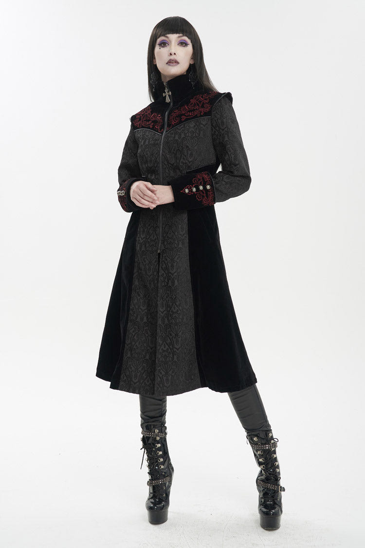 Black Jacquard Studded Mushroom Buckle Metal Cross Embroidered Women's Gothic Coat - Product - 4