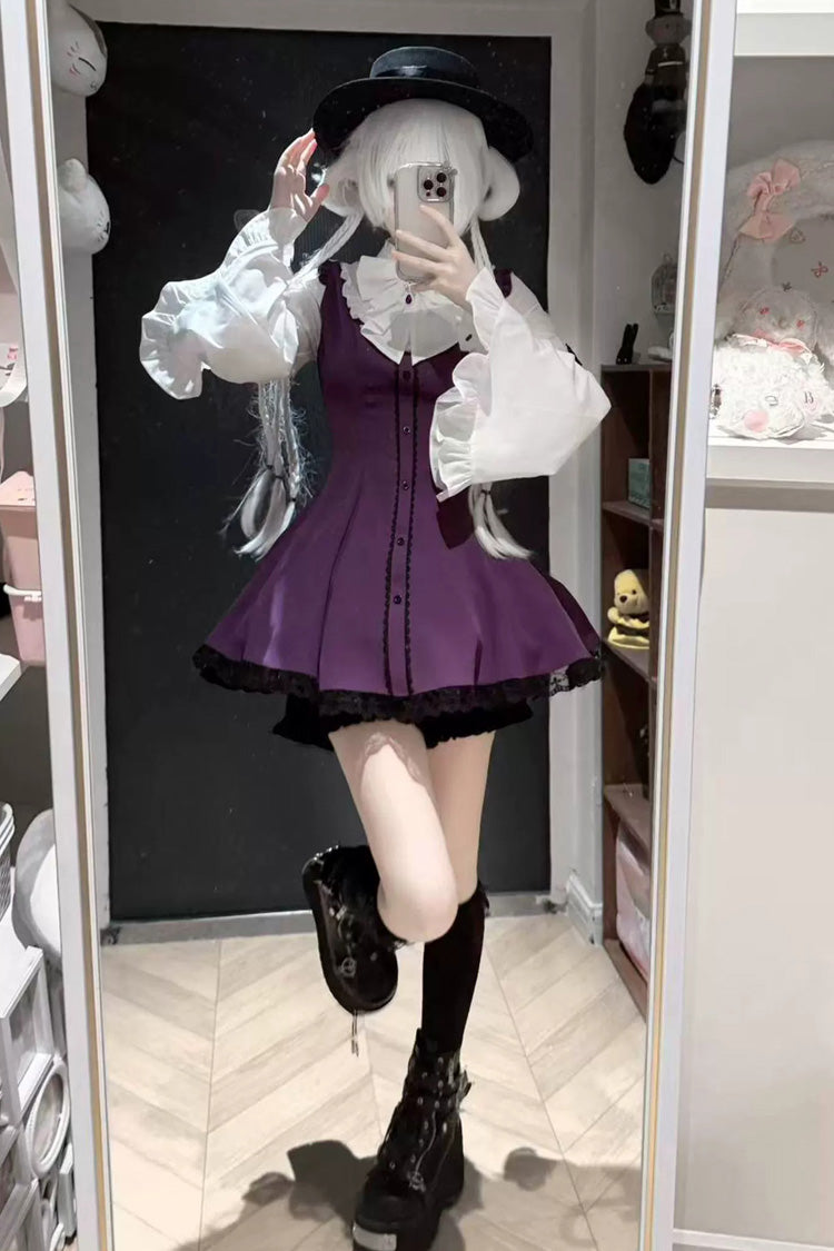 Jirai Kei Stand Collar Long Trumpet Sleeves Ruffled Bow Lace Japanese Dress 4 Colors - Purple - 1