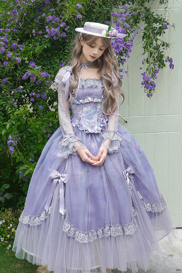 Purple Square Collar Long Sleeves Ruffle Bowknot Lace Fishbone Sweet Lolita Dress - Product - 8