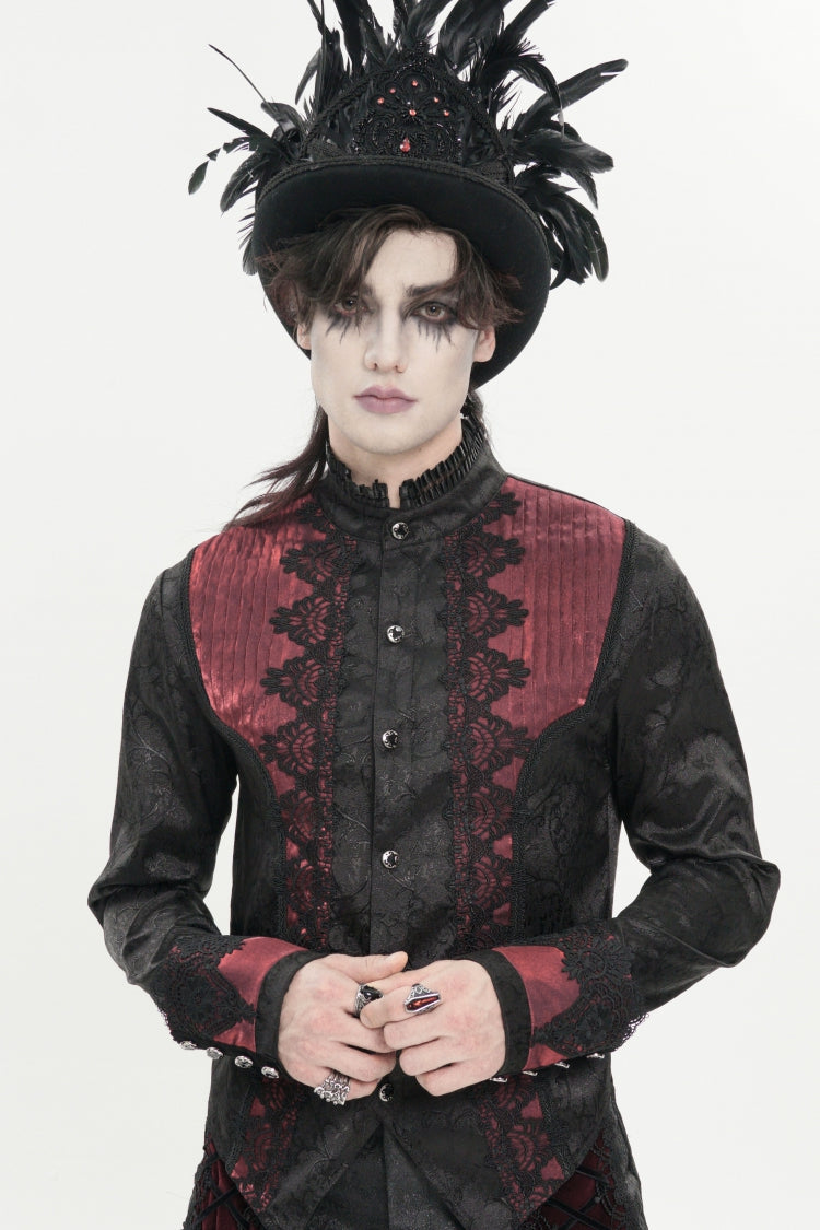 Red Stand Collar Long Sleeves Jacquard Embroidered Bow Lace Men's Gothic Palace Shirt - Red - 1