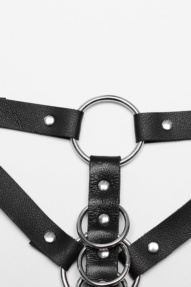 Black Adjustable Double-shoulder Faux Leather Multiple Metal Rings Women's Steampunk Harness - Product - 5