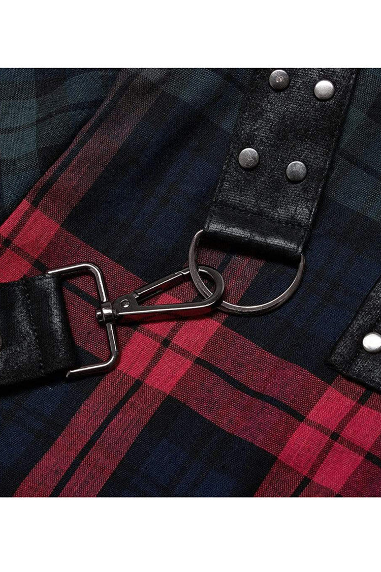 Red/Green Punk Plaid Simple Leather Loops Cotton asticity Men's Shirt - Product - 8