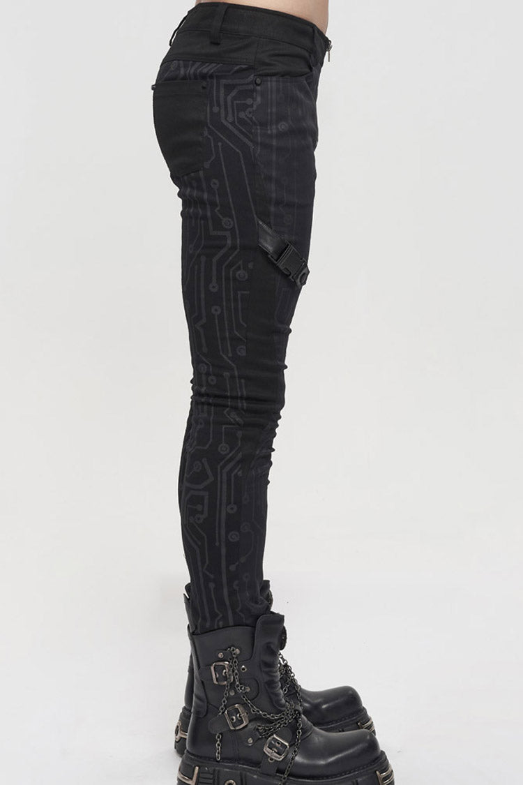 Black Punk Casual Circuit Diagram Print Asymmetric Decoration Men's Long Pants - Product - 8