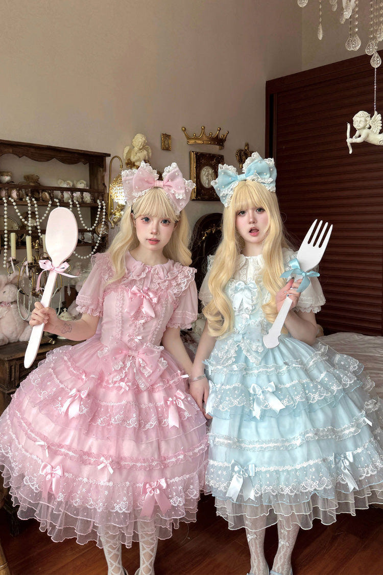 Pink [Lotus Butterfly Heart] Multi-Layered Ruffle Hanayome Bowknot Lace Sweet Lolita Jsk Dress - Product - 8