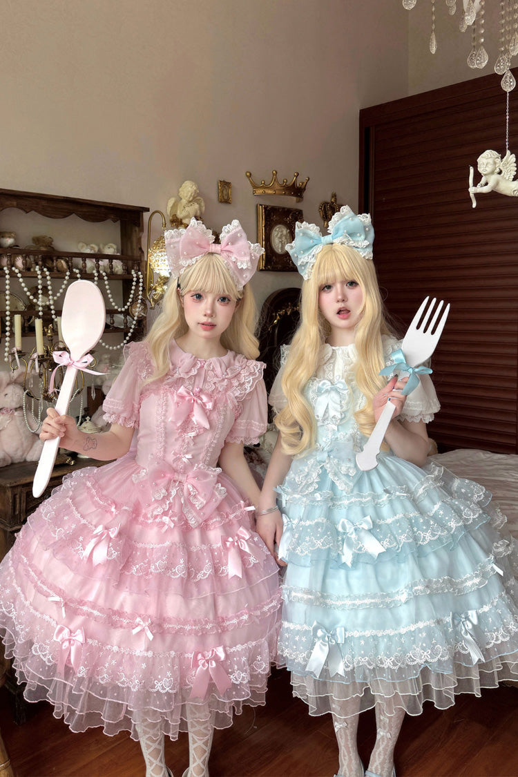Blue [Lotus Butterfly Heart] Multi-Layered Ruffle Hanayome Bowknot Lace Sweet Lolita Jsk Dress - Product - 8