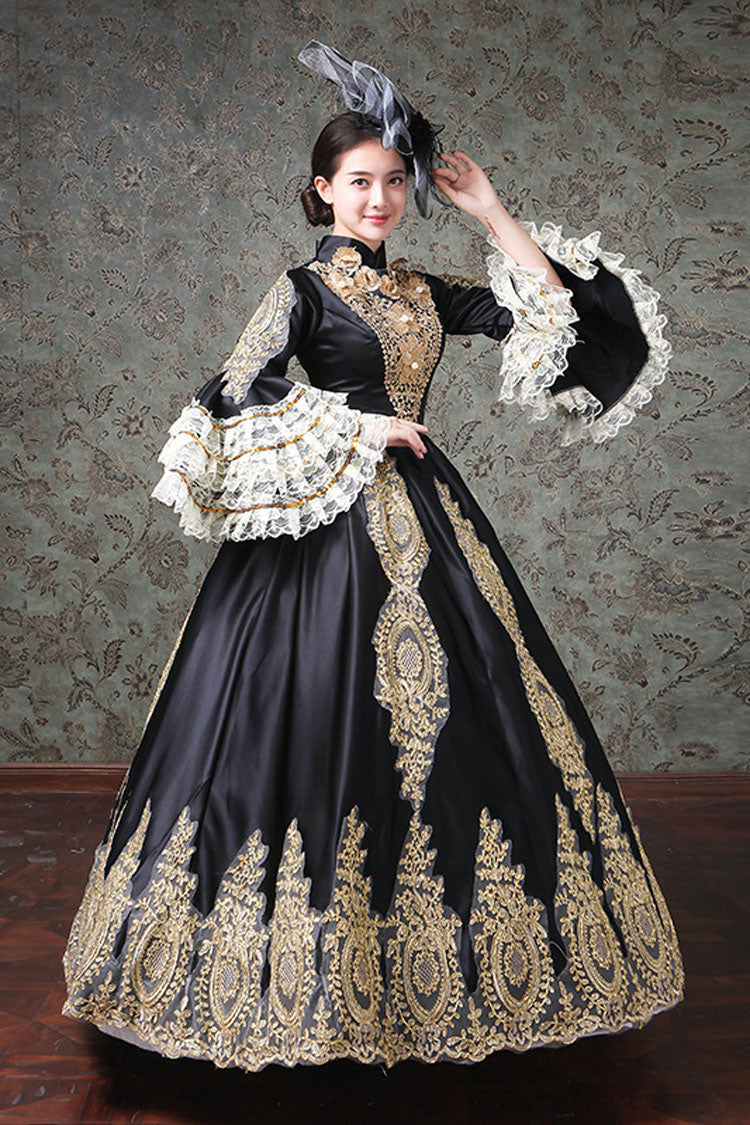 Multi-Layer Half Sleeves Trumpet Sleeves High Waisted Hollow Embroidery Print Victorian Lolita Prom Dress - Product - 2