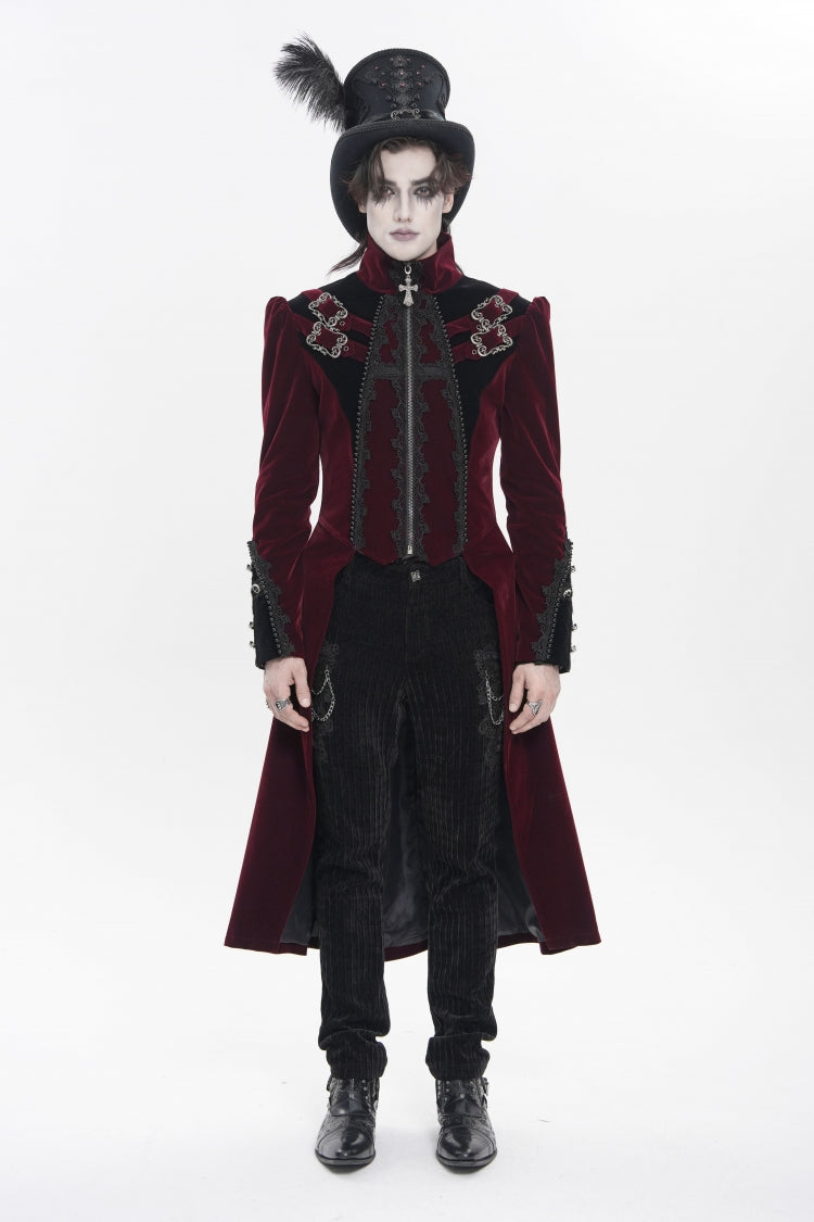 Red Stand Collar Long Sleeves Embroidered Color-Blocked Buckled Zippered Men's Gothic Palace Jacket - Product - 2