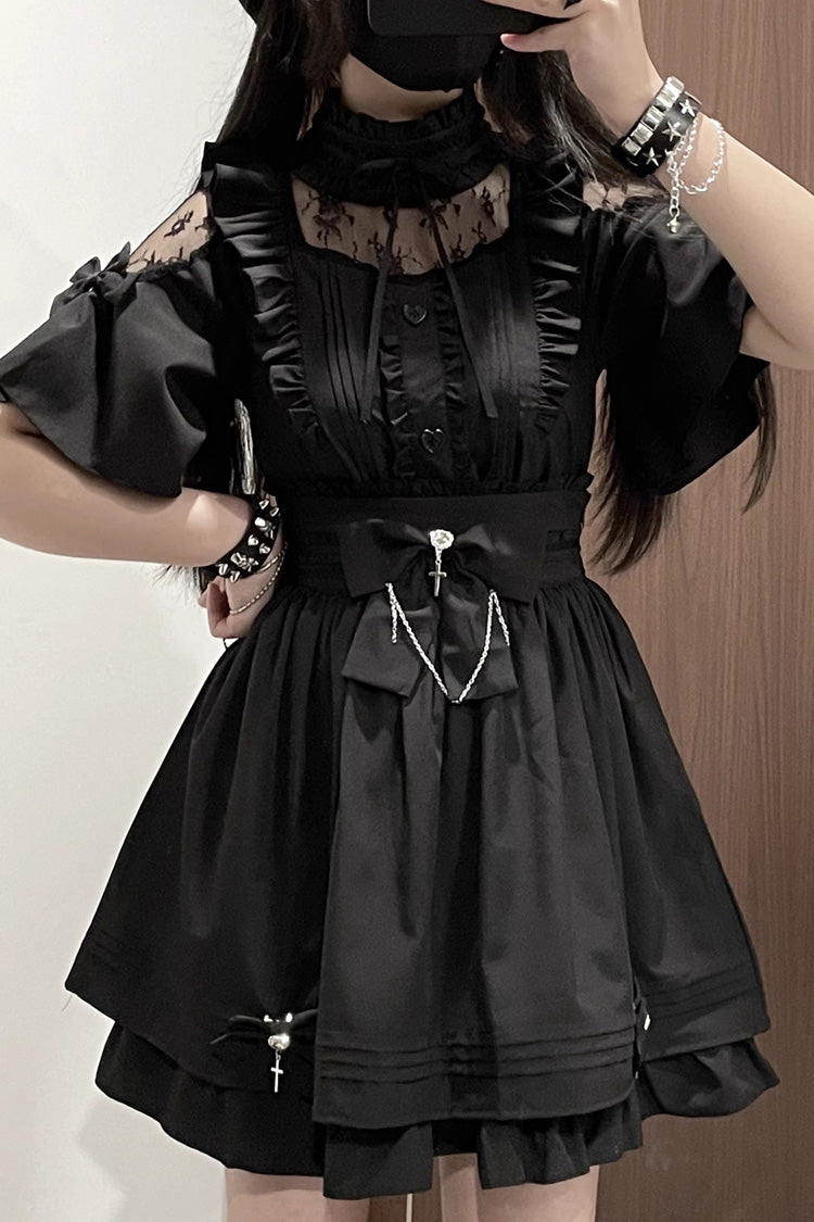 Magical Girl Short Sleeves Ruffle Embroidery Bowknot Lace Sweet Jirai Kei Lolita Set 4 Colors - Black - 2