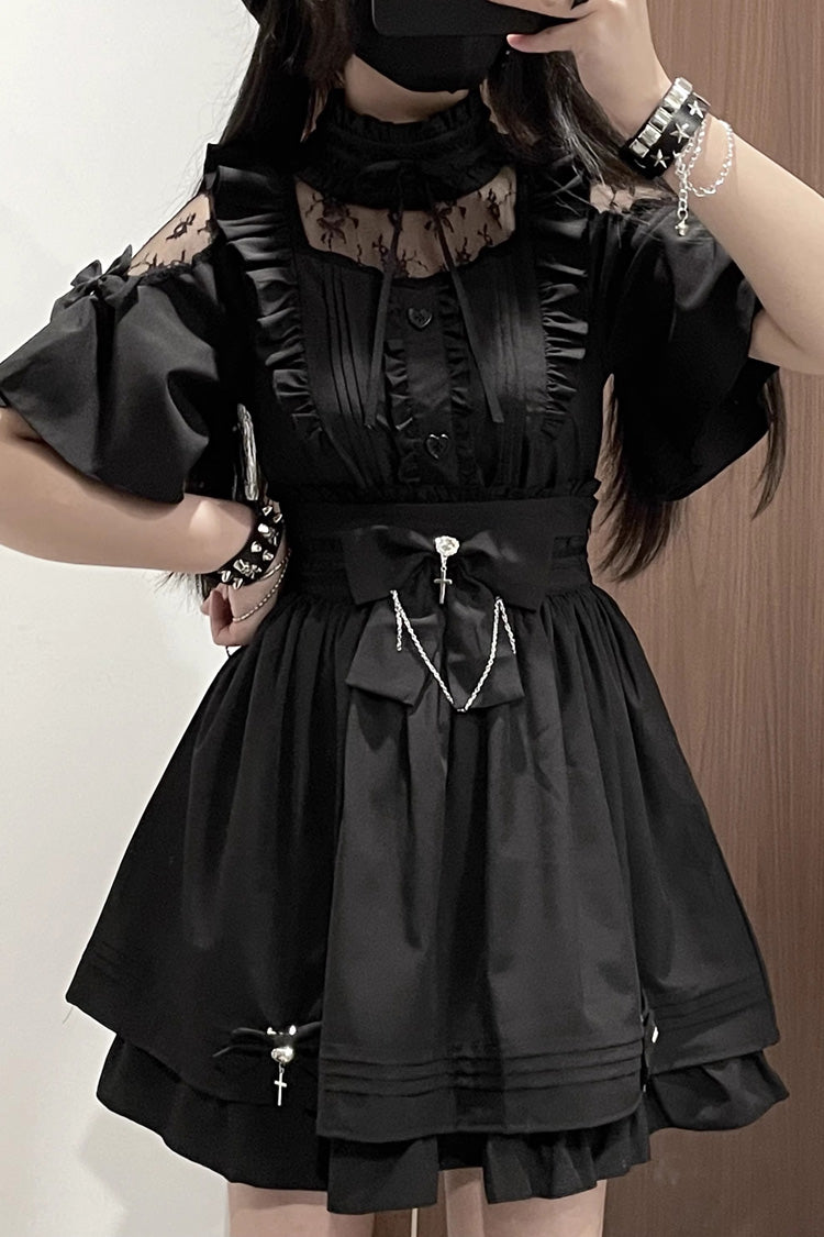 Magical Girl Short Sleeves Ruffle Embroidery Bowknot Lace Sweet Jirai Kei Lolita Set 4 Colors - Black - 2