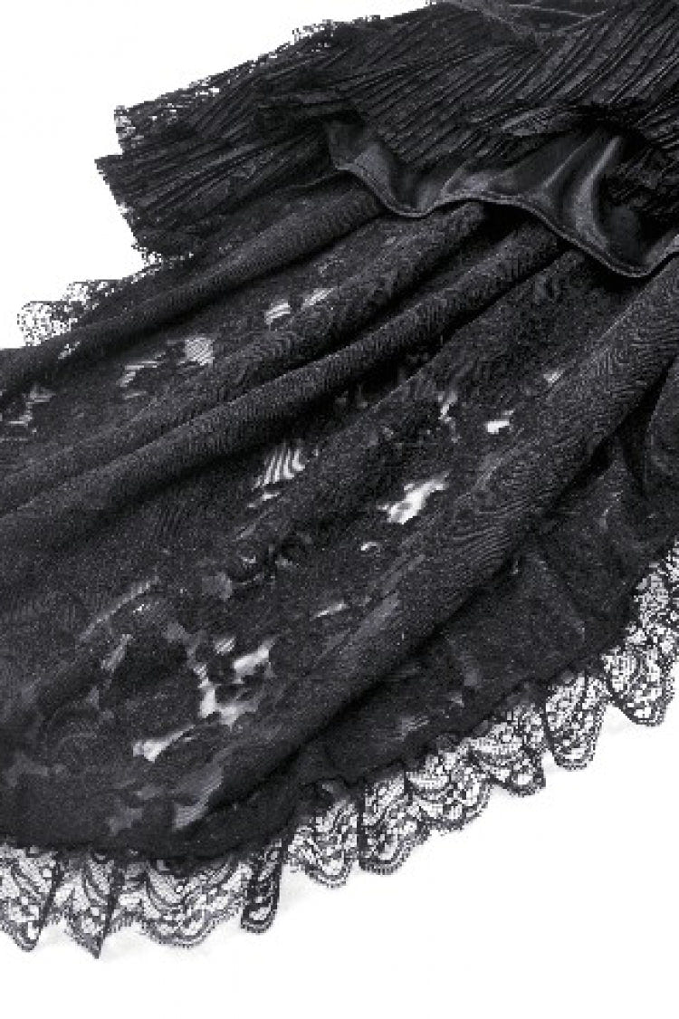 Black Square Collar Cap Sleeves Lace-Up High/Low Lace Ruffled Women's Gothic Princess Velvet Dress - Product - 16