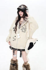 [First Generation Cute] Long Sleeves Print Cat Ear Hooded Zipper Sweet Lolita Coat 2 Colors - Apricot - 7