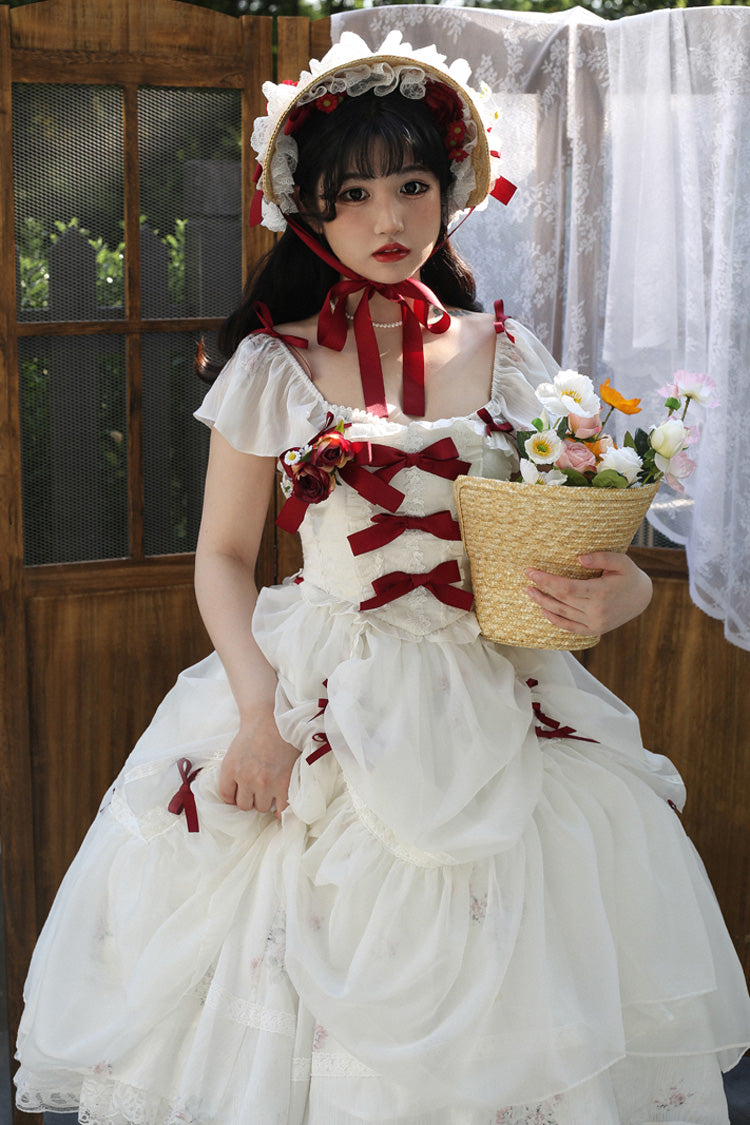 Rose Elegant Short Sleeves Print Ruffle Bowknot Sweet Plus Size Lolita Dress 2 Colors - Product - 12