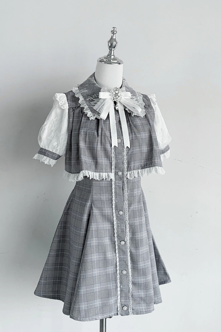Jirai Kei Lapel Collar Short Sleeves Lace Dress 3 Colors - Plaid-Print - 2