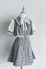 Jirai Kei Lapel Collar Short Sleeves Lace Dress 3 Colors - Plaid-Print - 2