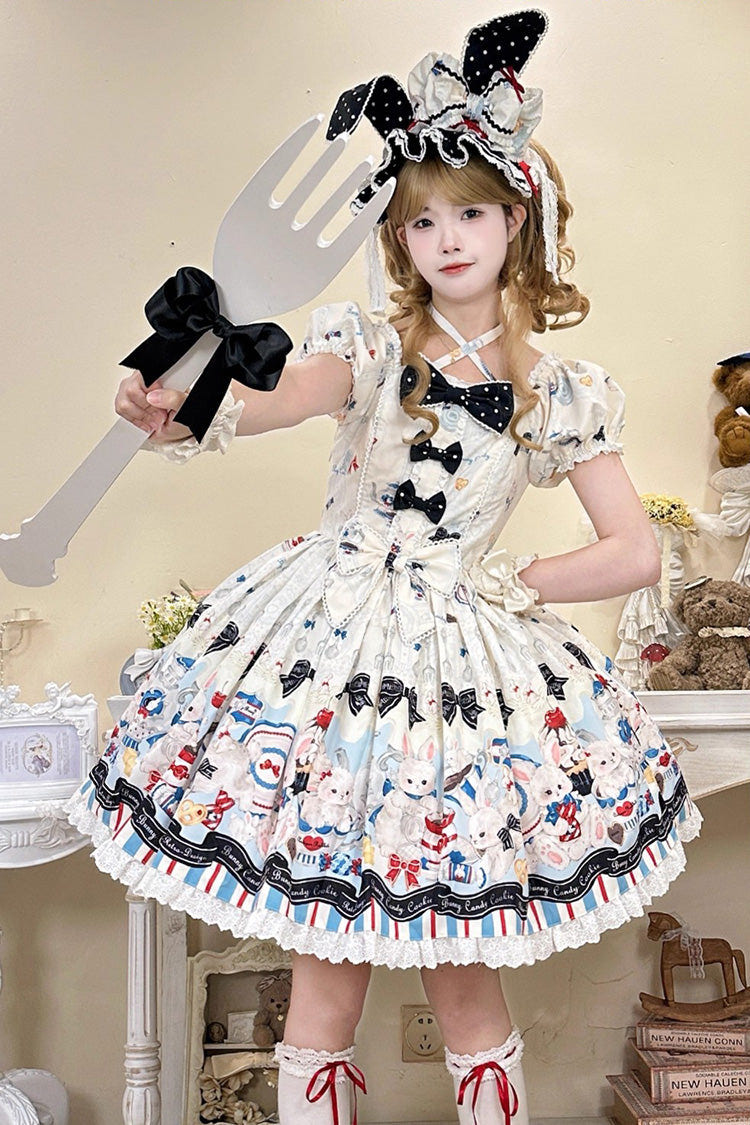 Beige [Mystery Rabbit Tea Party] Square Collar Short Sleeves Print Ruffle Bowknot Lace Sweet Lolita Dress - Beige - 1