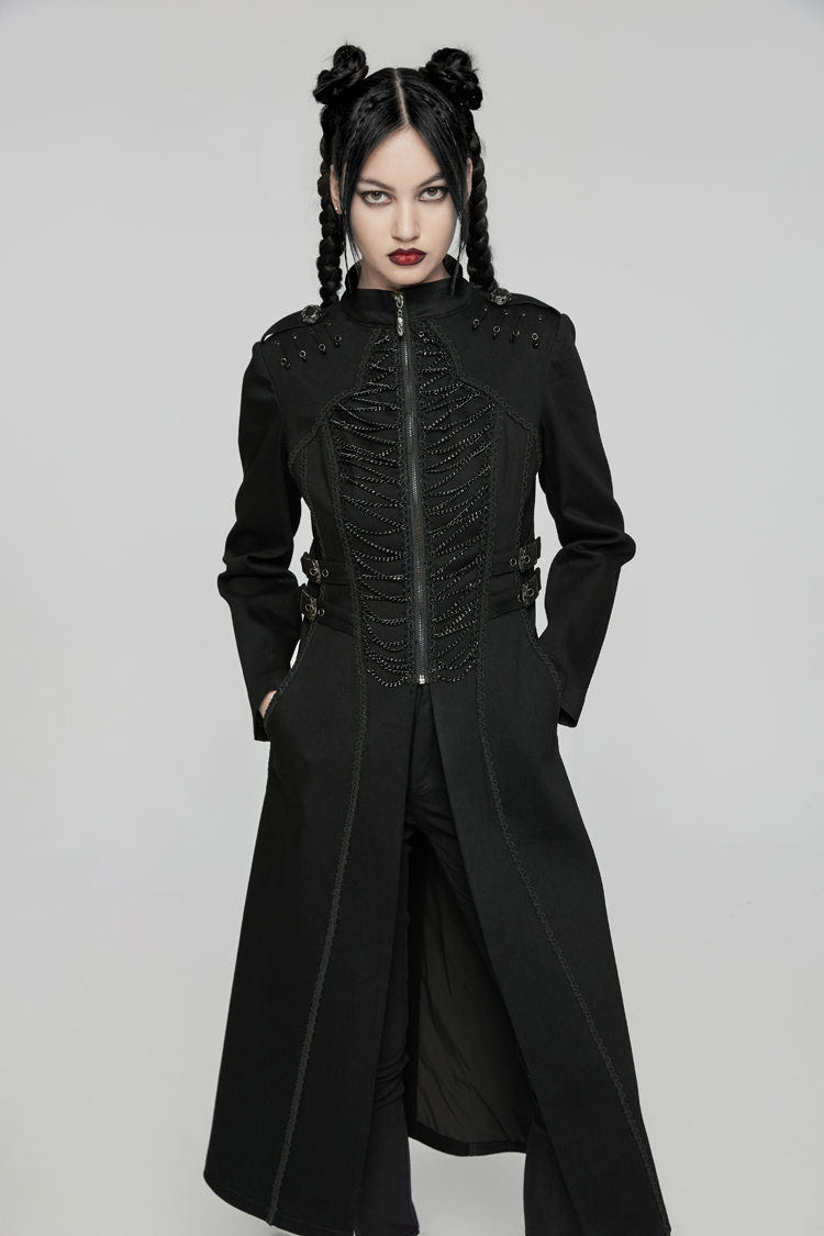 Black Stand Collar Chain Zipper Long Sleeves Women's Gothic Long Coat - Black - 1