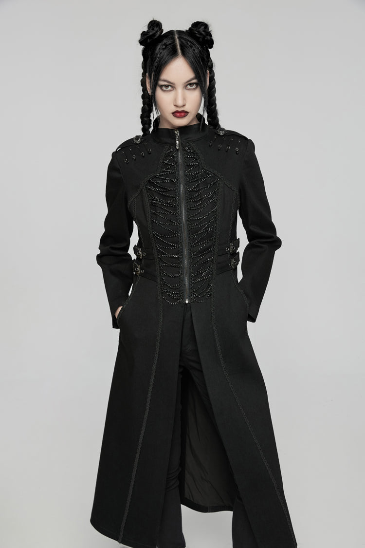 Black Stand Collar Chain Zipper Long Sleeves Women's Gothic Long Coat - Black - 1