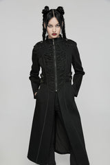 Black Stand Collar Chain Zipper Long Sleeves Women's Gothic Long Coat - Black - 1