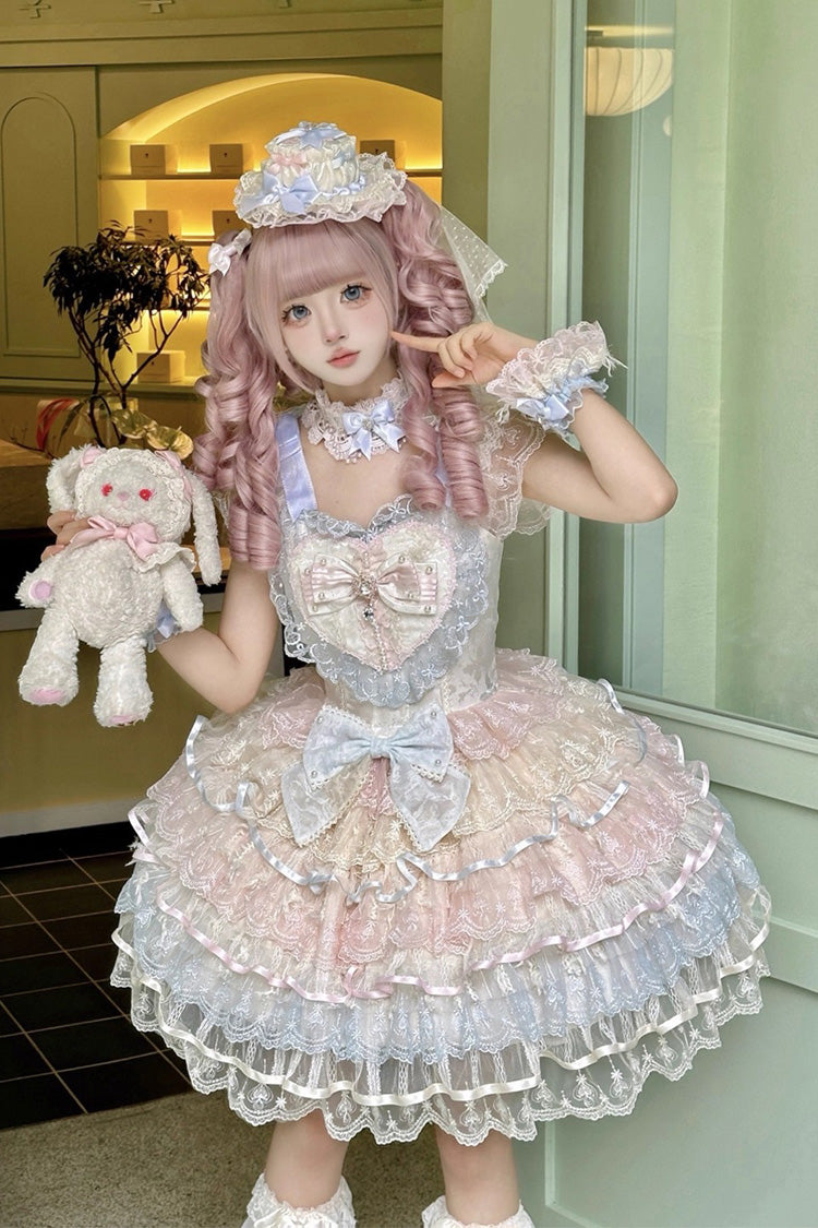 Rainbow Colors [Ballad of Feathers] Sleeveless Multi-Layered Ruffle Hanayome Bowknot Sweet Lolita Jsk Dress - Product - 8
