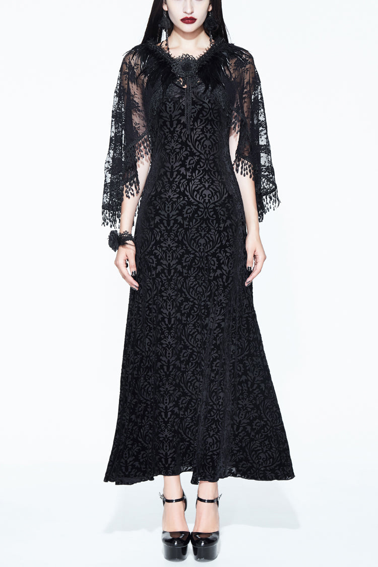 Black Lace Shawl Dark Pattern Velvet Women's Gothic Slip Dress - Black - 1