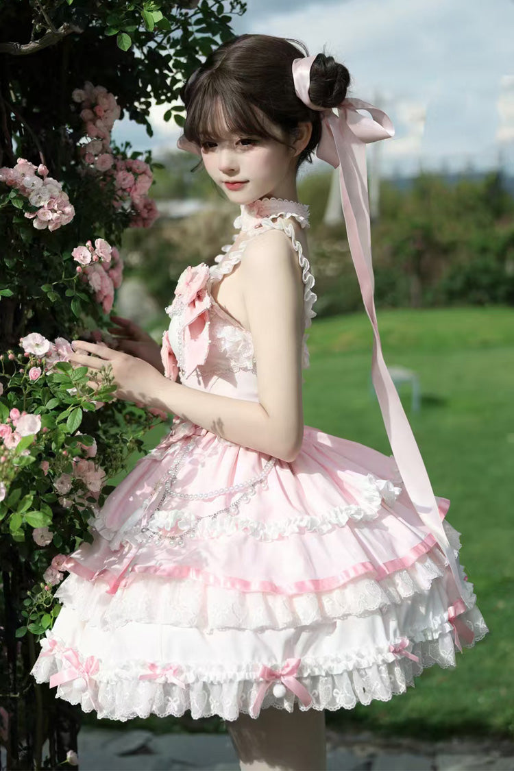 Pink [Prelude of Spring Cherry] Square Collar Sleeveless Multi-Layered Jacquard Ruffled Bow Lace Pearl-Decorated Sweet Lolita Jsk Dress - Product - 6