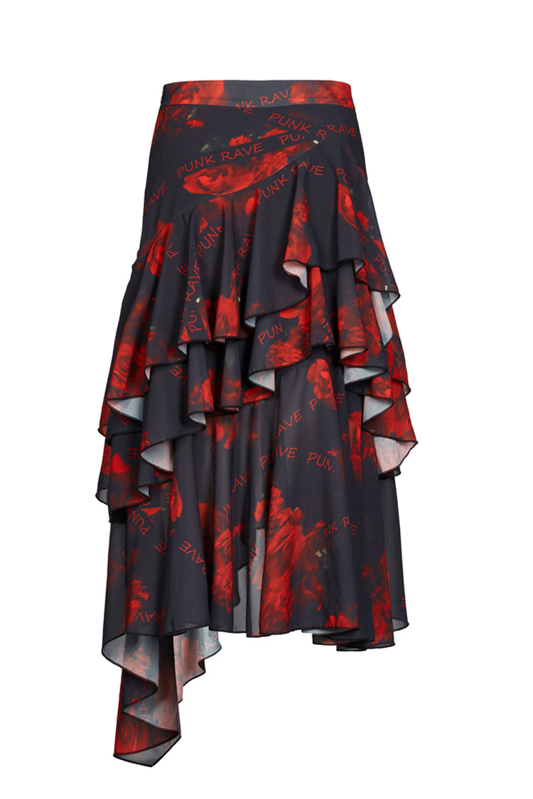 Black/Red Layered Irregular Skirt Pattern Printing Decoration High Waist Chiffon Women's Punk Skirt - Product - 7