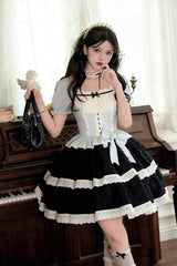 Black/Blue Mint Dark Chocolate Fake Two-piece Square Collar Ruffle Bowknot Sweet Lolita Dress - Product - 6