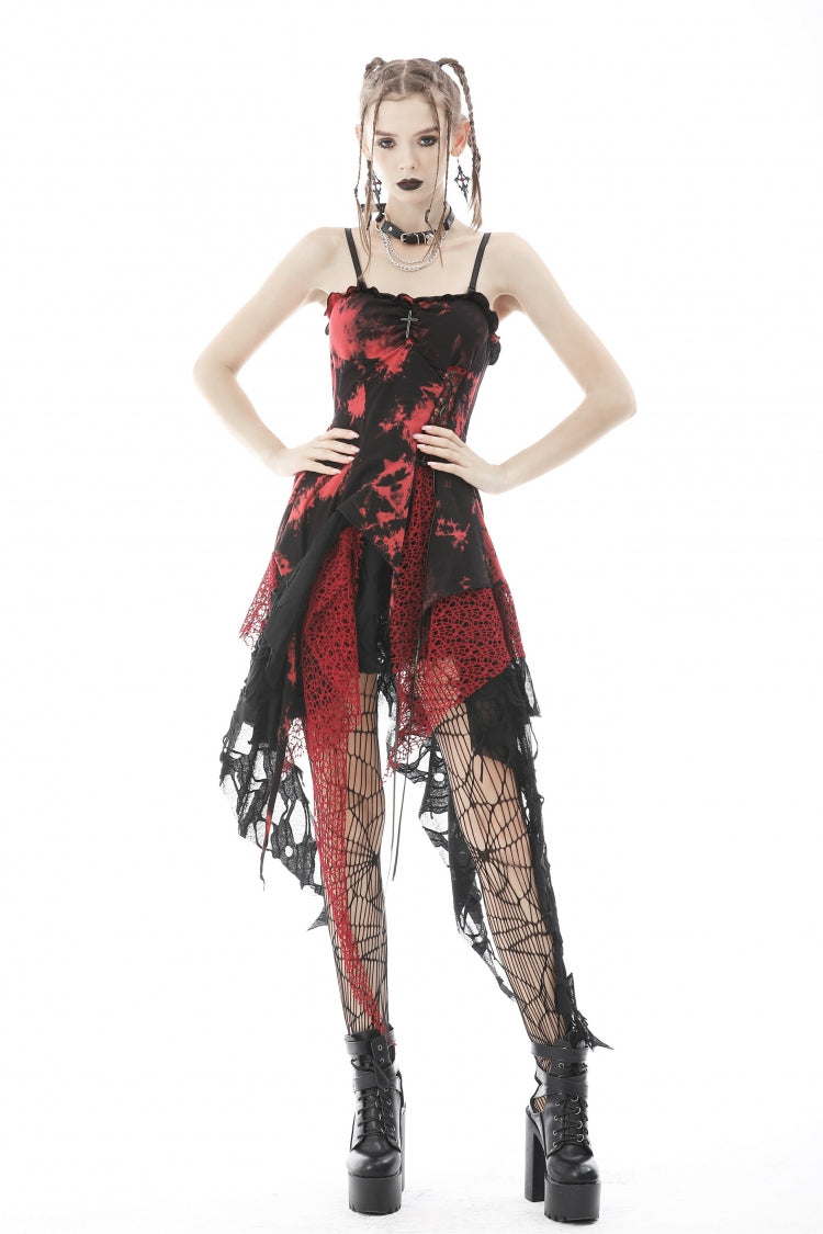 Black/Red Irregular Tie-dyed Patchwork Women's Punk Slip Dress - Black/Red - 1