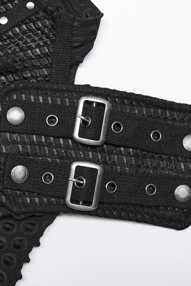 Black Short Sleeves Mesh Bubble Buckle Zipper Mens Steampunk T-Shirt - Product - 8