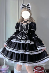 Black Triple-Layered Detachable Sleeves Bowknot Lace-Up Gothic Lolita Dress - Black - 1