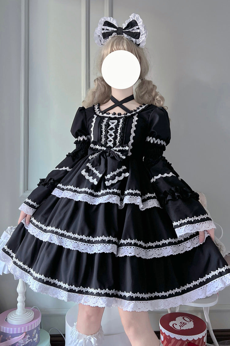 Black Triple-Layered Detachable Sleeves Bowknot Lace-Up Gothic Lolita Dress - Black - 1